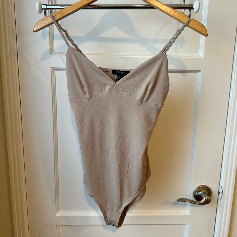 Neutral Taupe Beige Bodysuit, Adjustable Straps, Women’s Size S